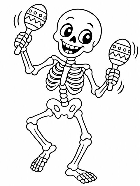 A happy skeleton dancing with maracas, outline only