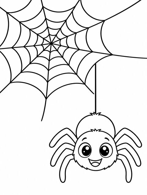 A smiling spider hanging from a big web, outline only