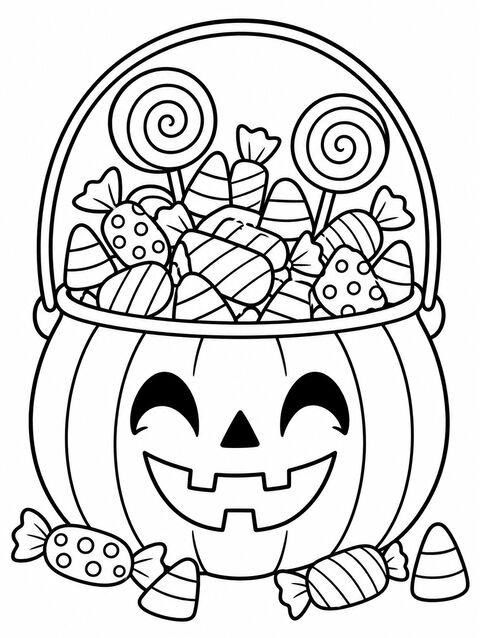 A pumpkin bucket overflowing with candies and lollipops, outline only