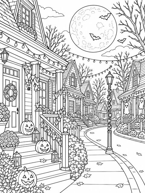 A street of decorated houses with pumpkins on the porches, outline only