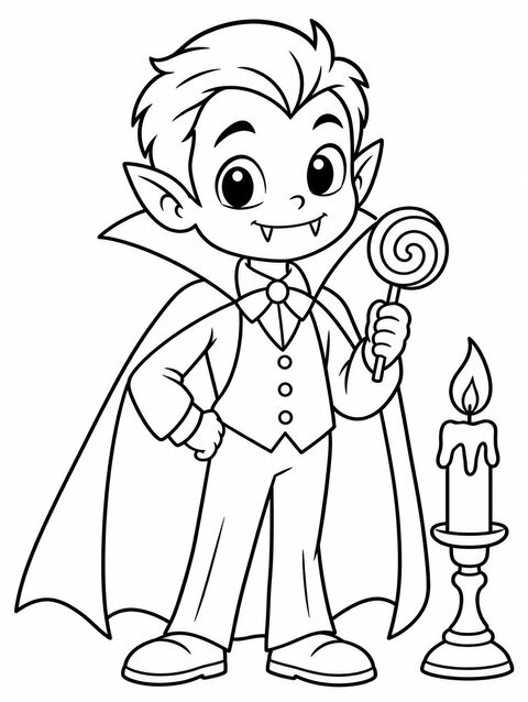 A smiling vampire in a big cape holding a lollipop, outline only