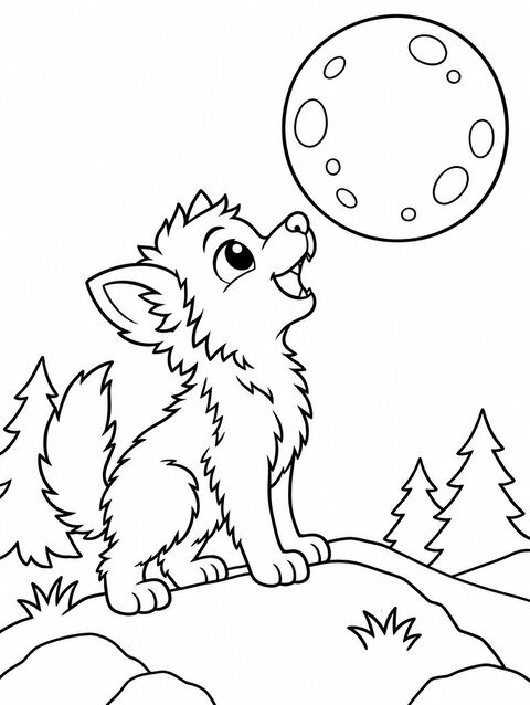 A fluffy werewolf pup howling at a full moon, outline only