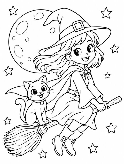 A young witch flying on a broom with a cat behind her, outline only