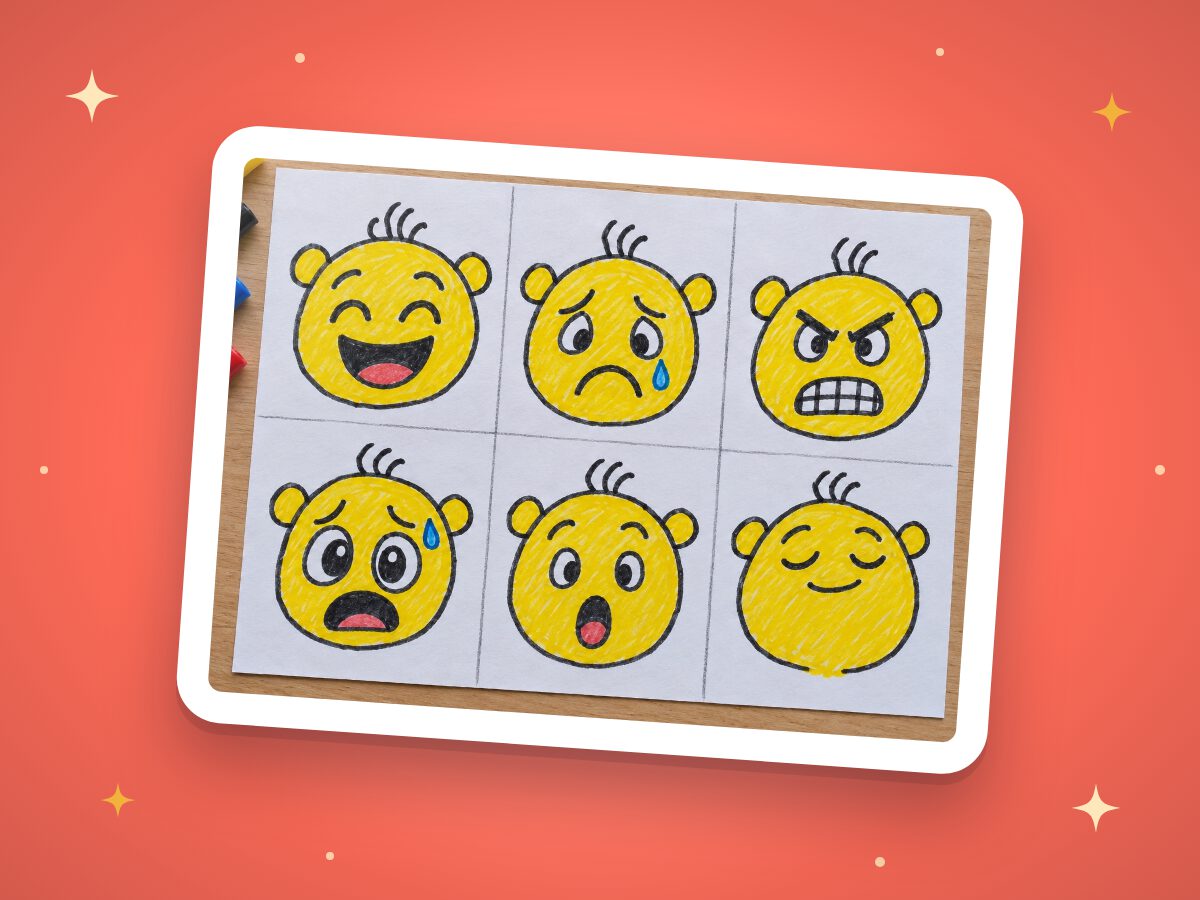 A sheet of six drawn faces, each showing a different feeling