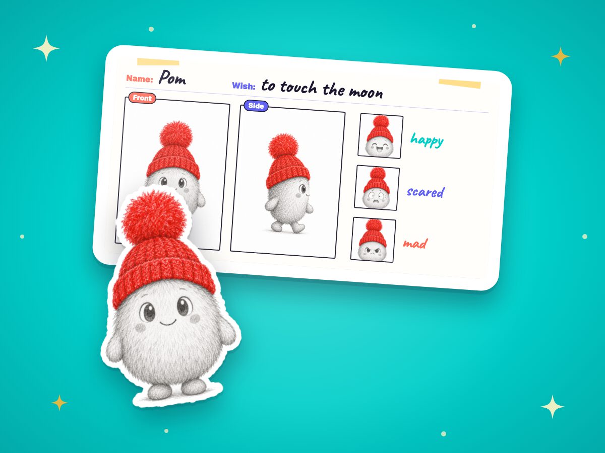 A fluffy white character in a red hat, next to its character sheet