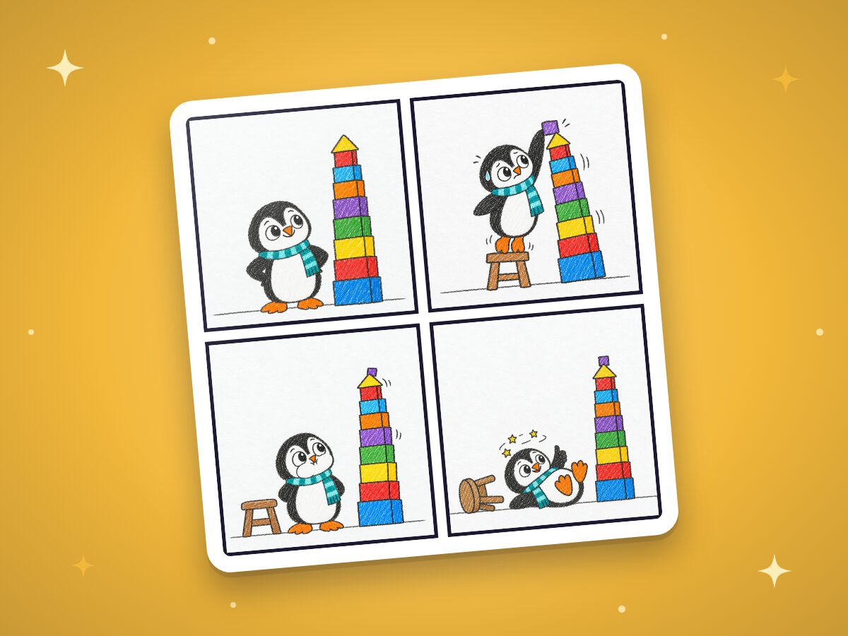 A four-box comic of a penguin stacking blocks