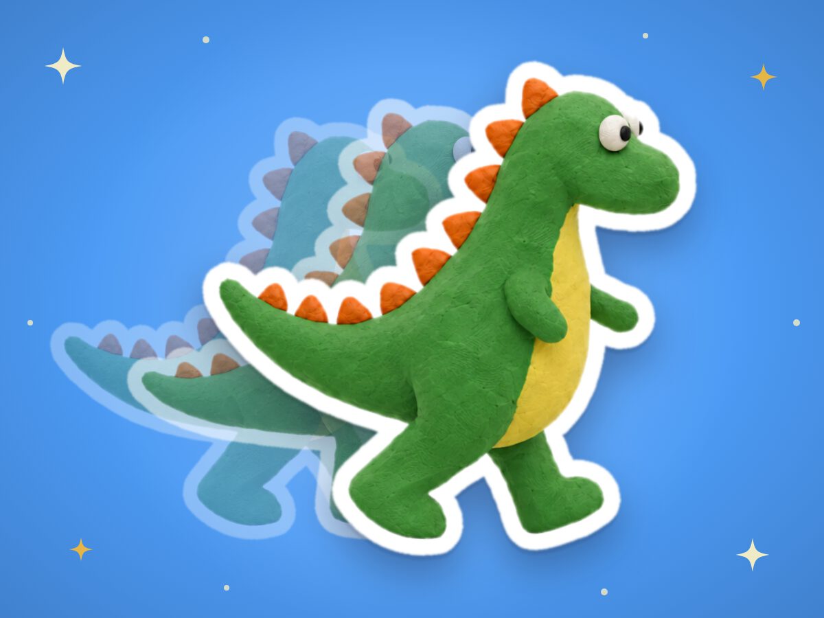 A clay dinosaur stomping, caught one photo at a time