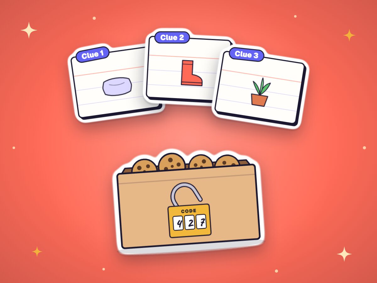 Three clue cards and a box of cookies locked with a code