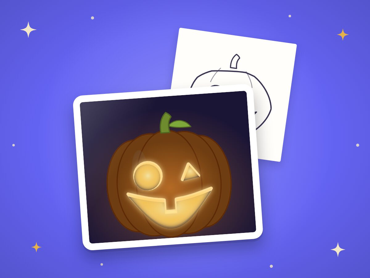 A glowing jack-o'-lantern with a winking face, in front of its face drawn on paper