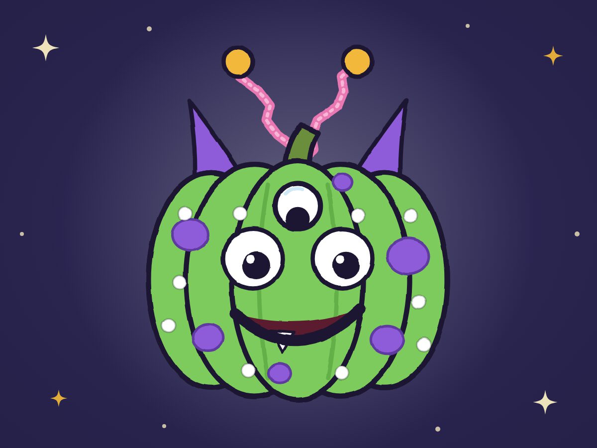 A pumpkin painted green like a three-eyed monster, with purple horns and antennae