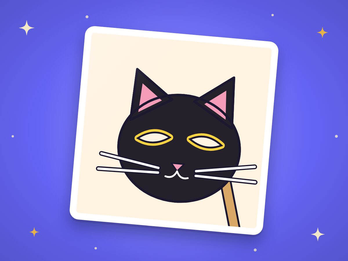 A black cat mask made from a paper plate, on a stick