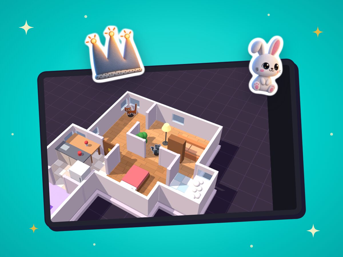 A 3D house on a tablet, with a crown and a toy bunny to find