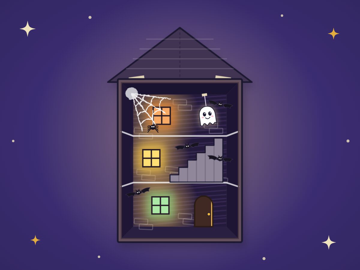 A shoebox haunted house with glowing windows, a ghost, bats, and a cotton web