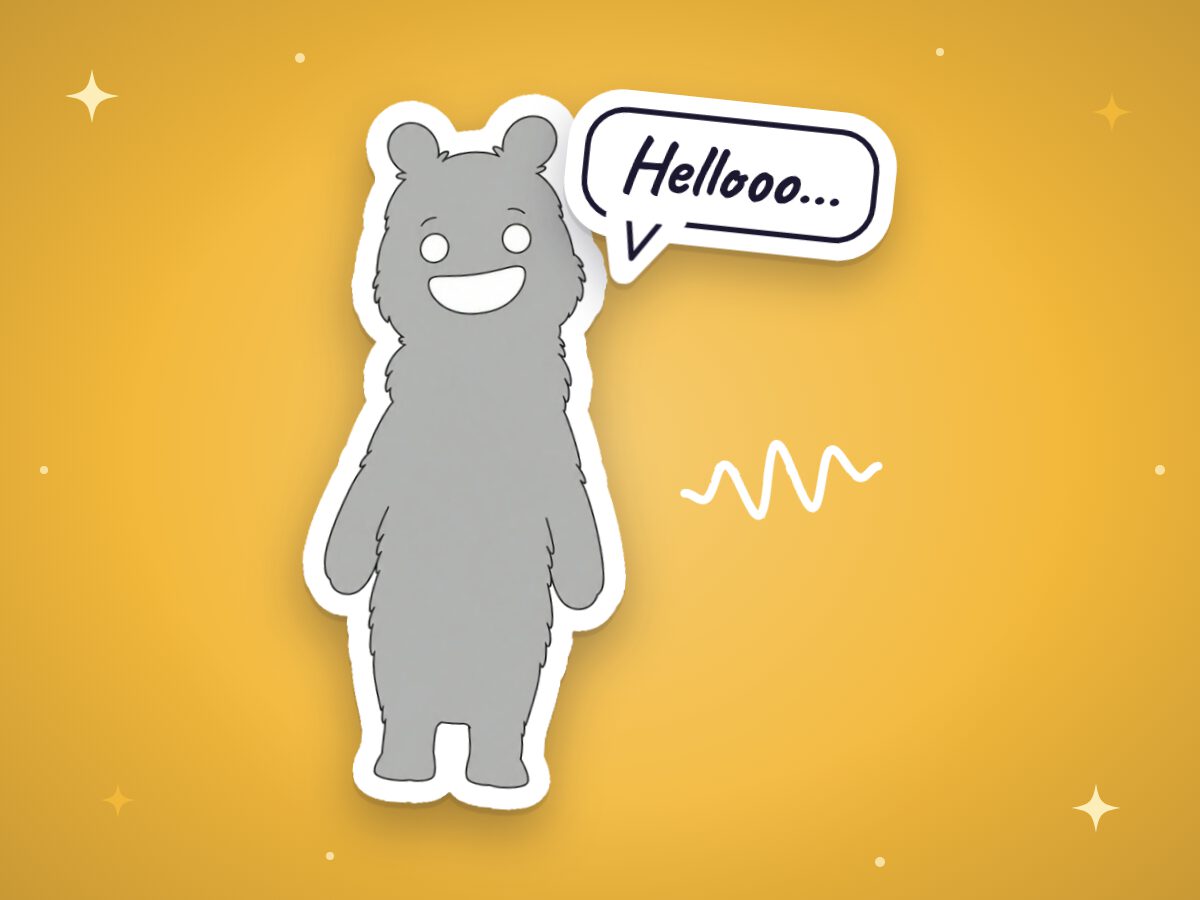 A grey furry character calling hello in a speech bubble