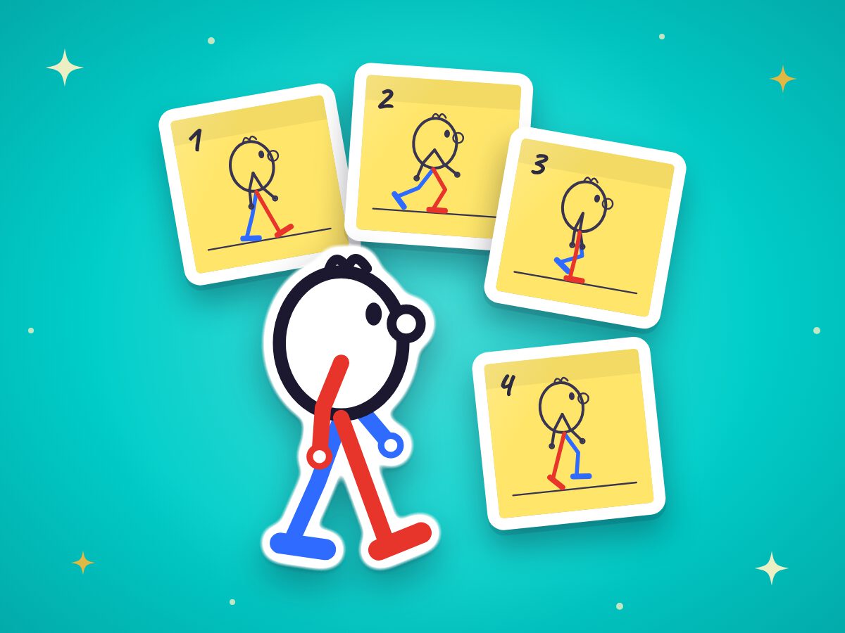 A drawn figure walking, with its four walk poses on sticky notes