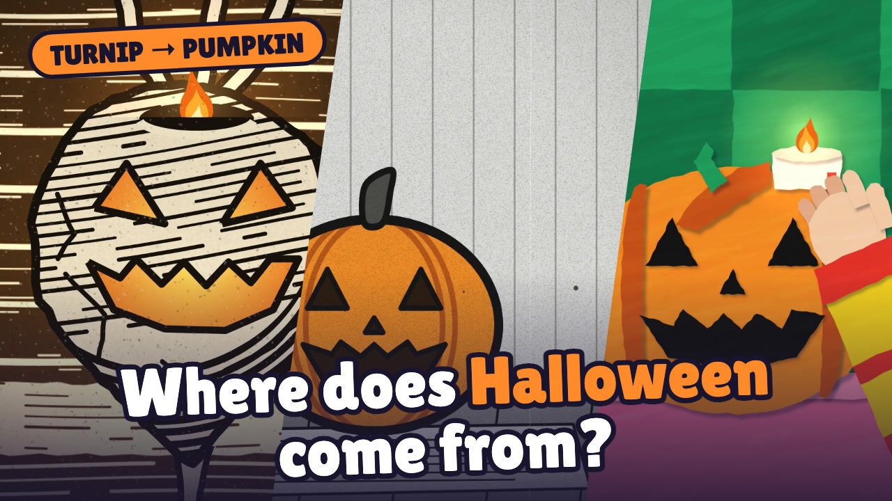A carved turnip lantern, an old-style pumpkin, and a pumpkin with a candle, under the words Where does Halloween come from?