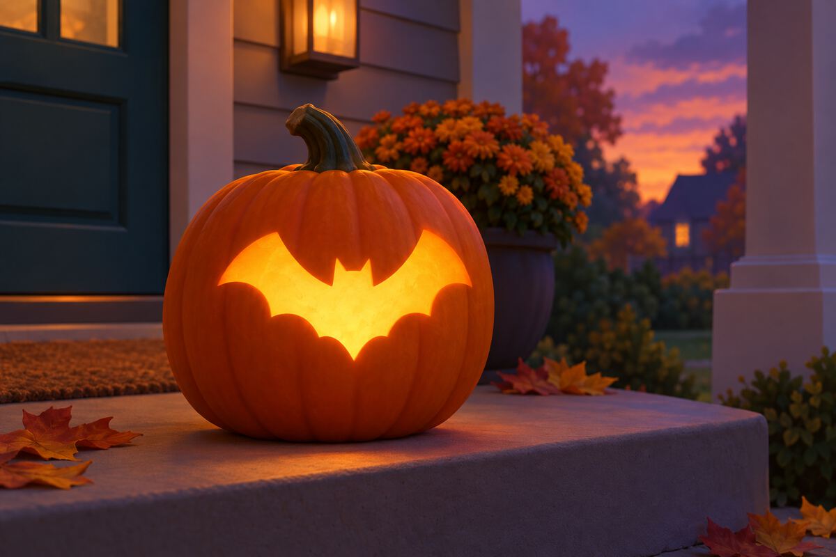 A pumpkin with a glowing flying bat cut out of its side