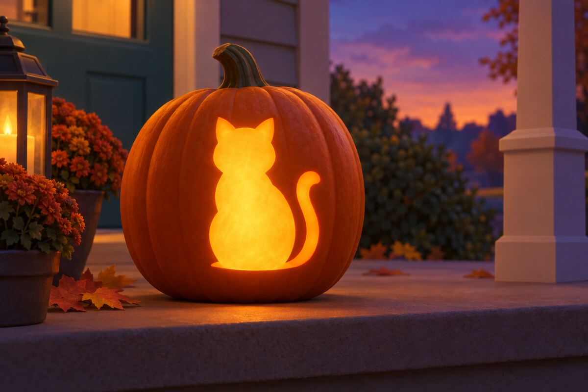A pumpkin with a glowing cat carved into it