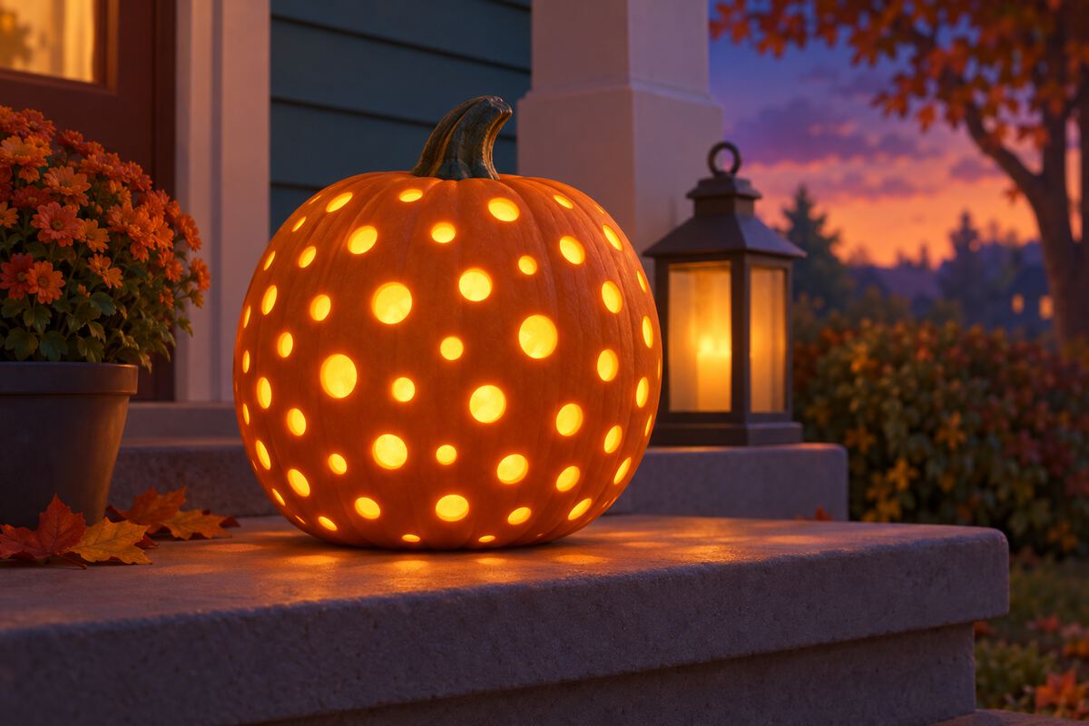 A pumpkin with round holes all over it glowing like stars