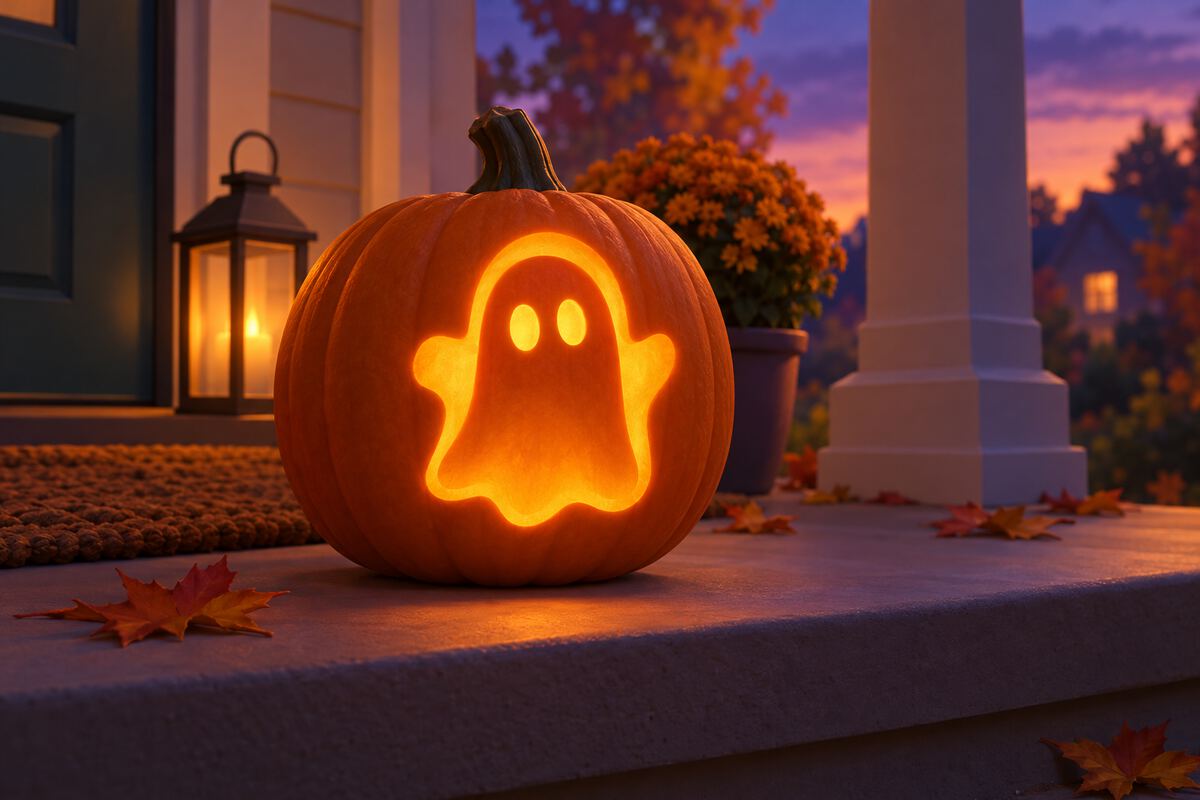 A pumpkin with a glowing ghost shape cut out of its side