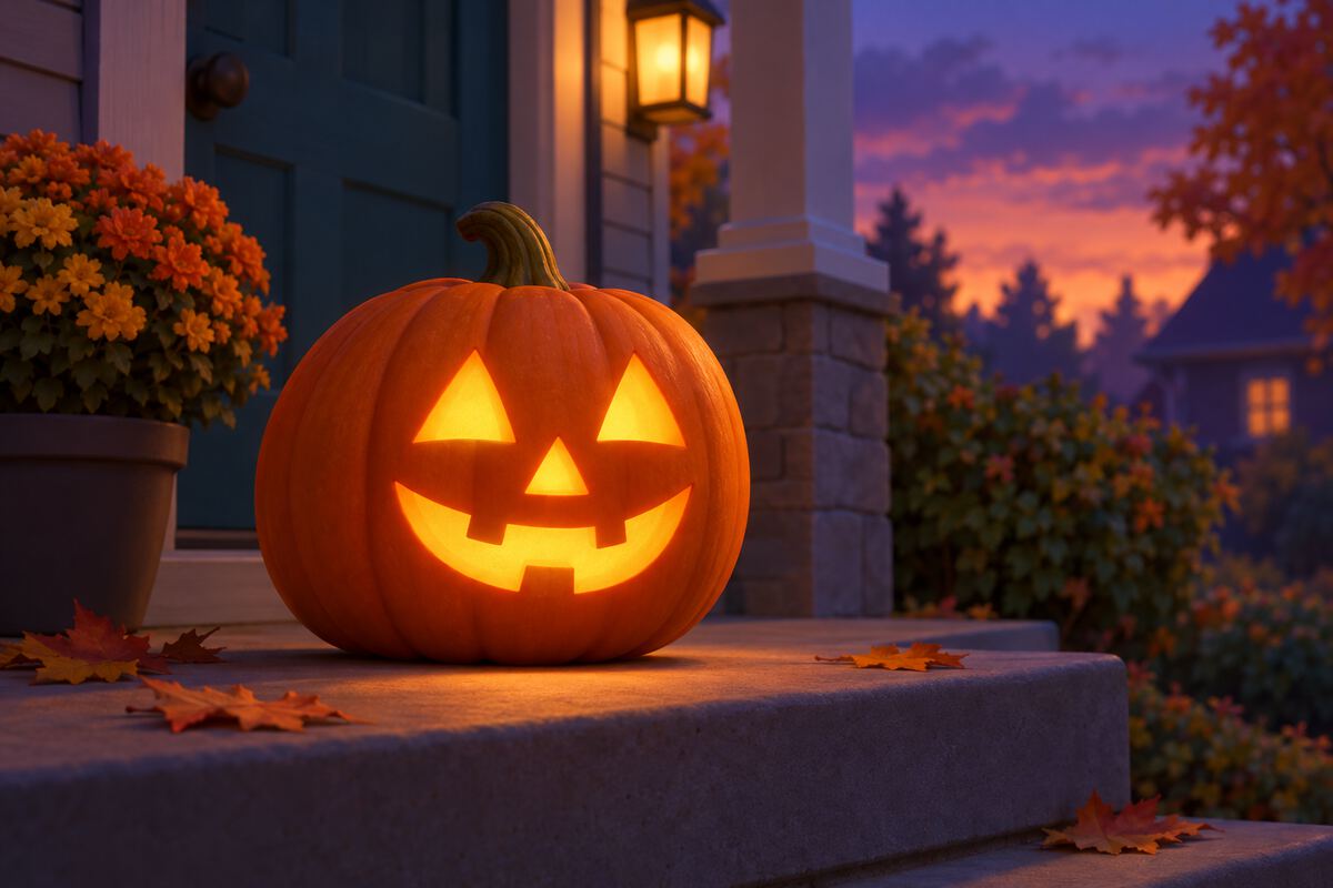 A glowing jack-o'-lantern with triangle eyes and a toothy smile on a porch step