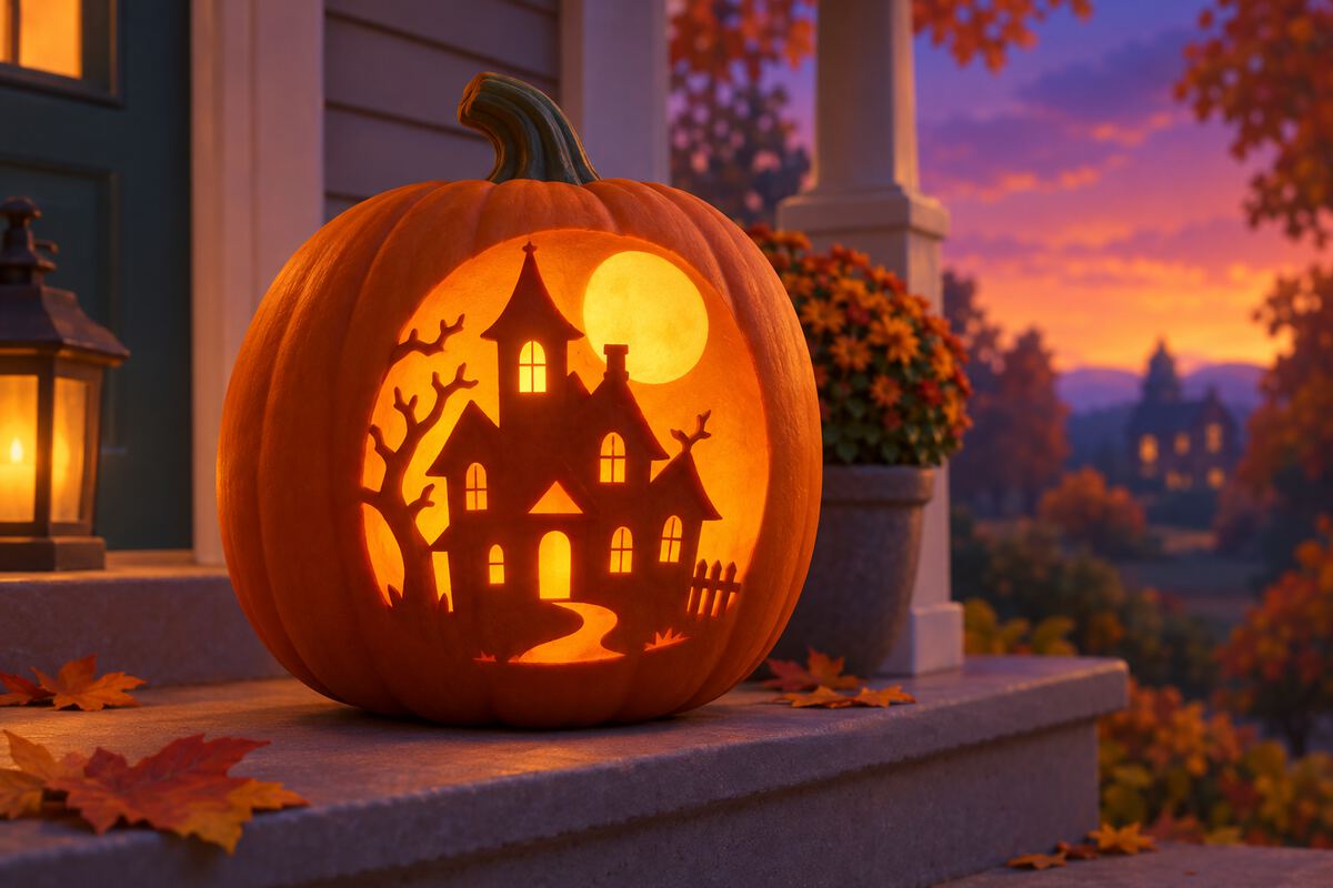 A pumpkin with a glowing haunted house and moon cut out of its side