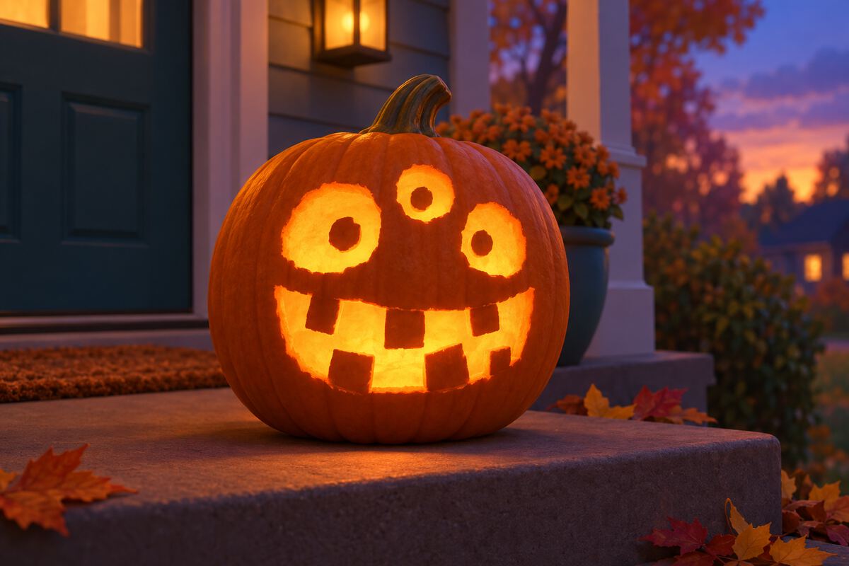 A carved pumpkin with a three-eyed monster face