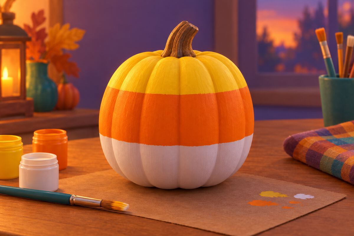 A pumpkin painted in yellow, orange, and white stripes