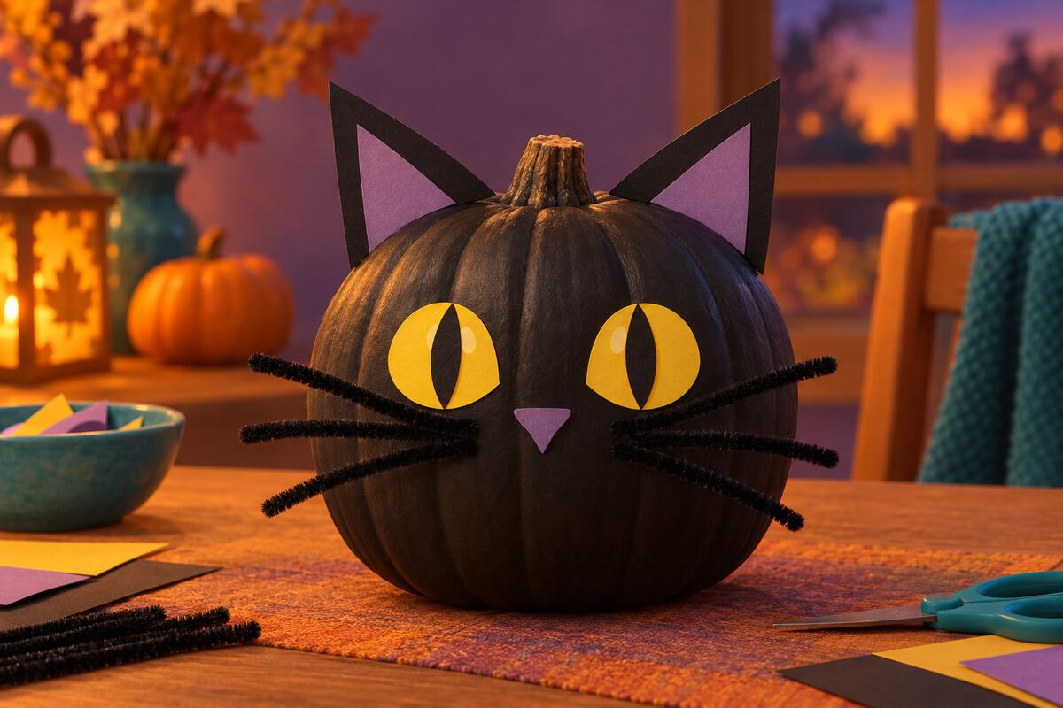 A pumpkin painted black with yellow eyes, paper ears, and whiskers