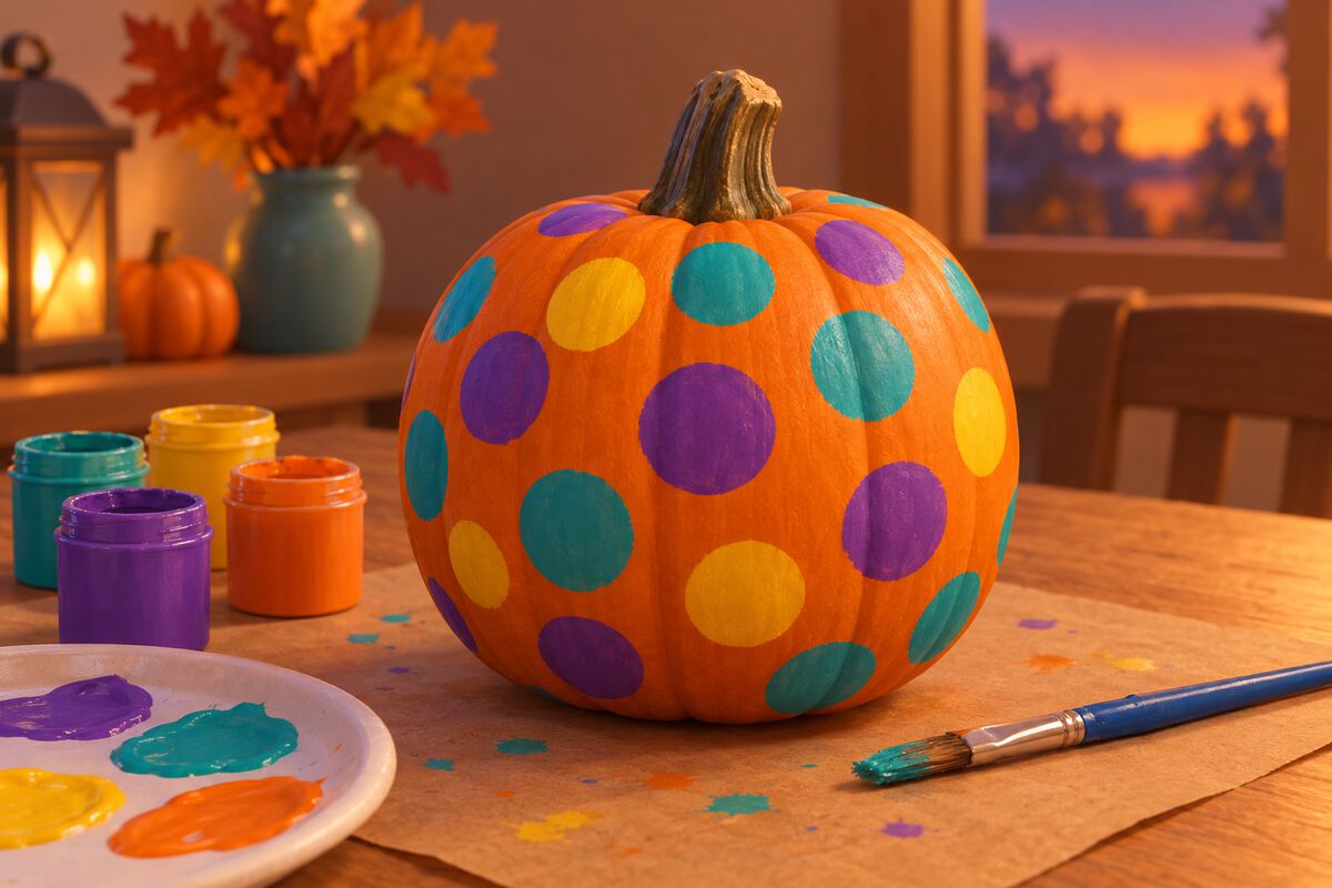 A pumpkin covered in bright colorful polka dots