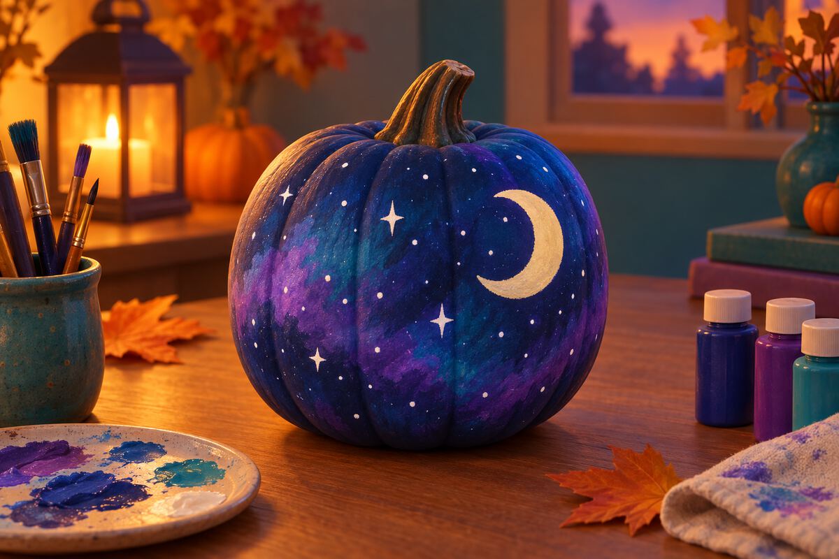 A pumpkin painted dark blue and purple with white stars and a moon