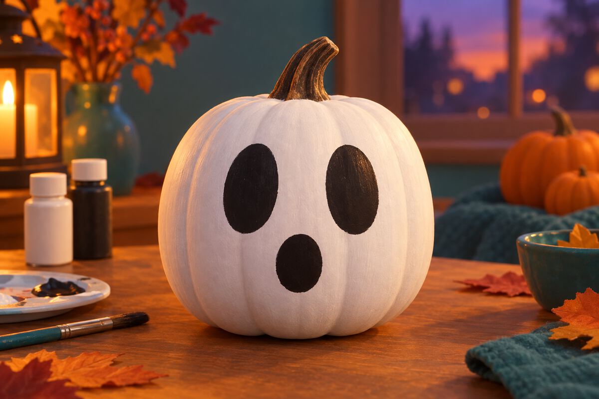 A pumpkin painted white like a ghost