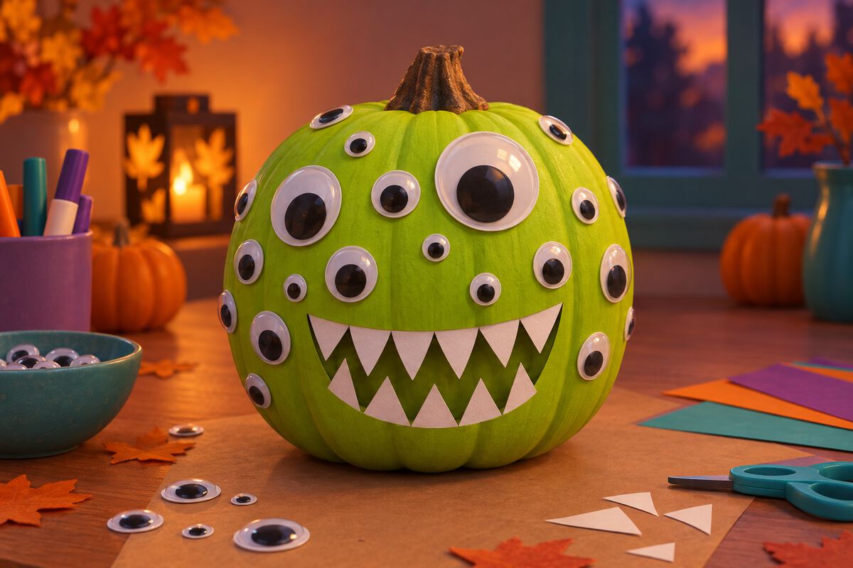 A green painted pumpkin with many googly eyes and paper teeth
