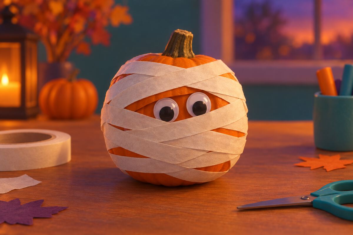 A pumpkin wrapped in white tape strips with two googly eyes
