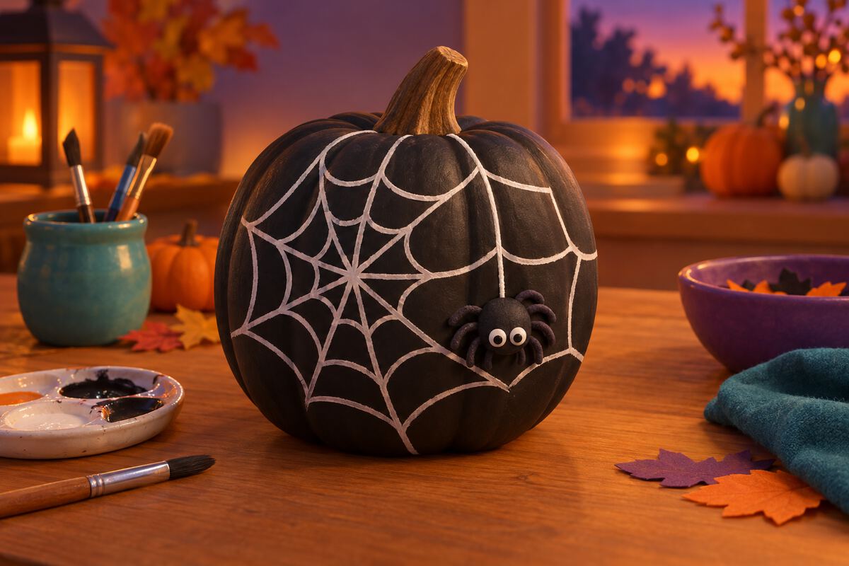 A black pumpkin with a white spider web and a toy spider