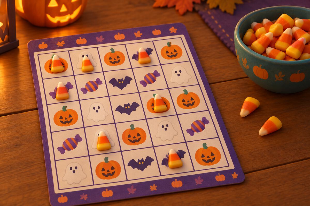 A Halloween bingo card with candy corn markers