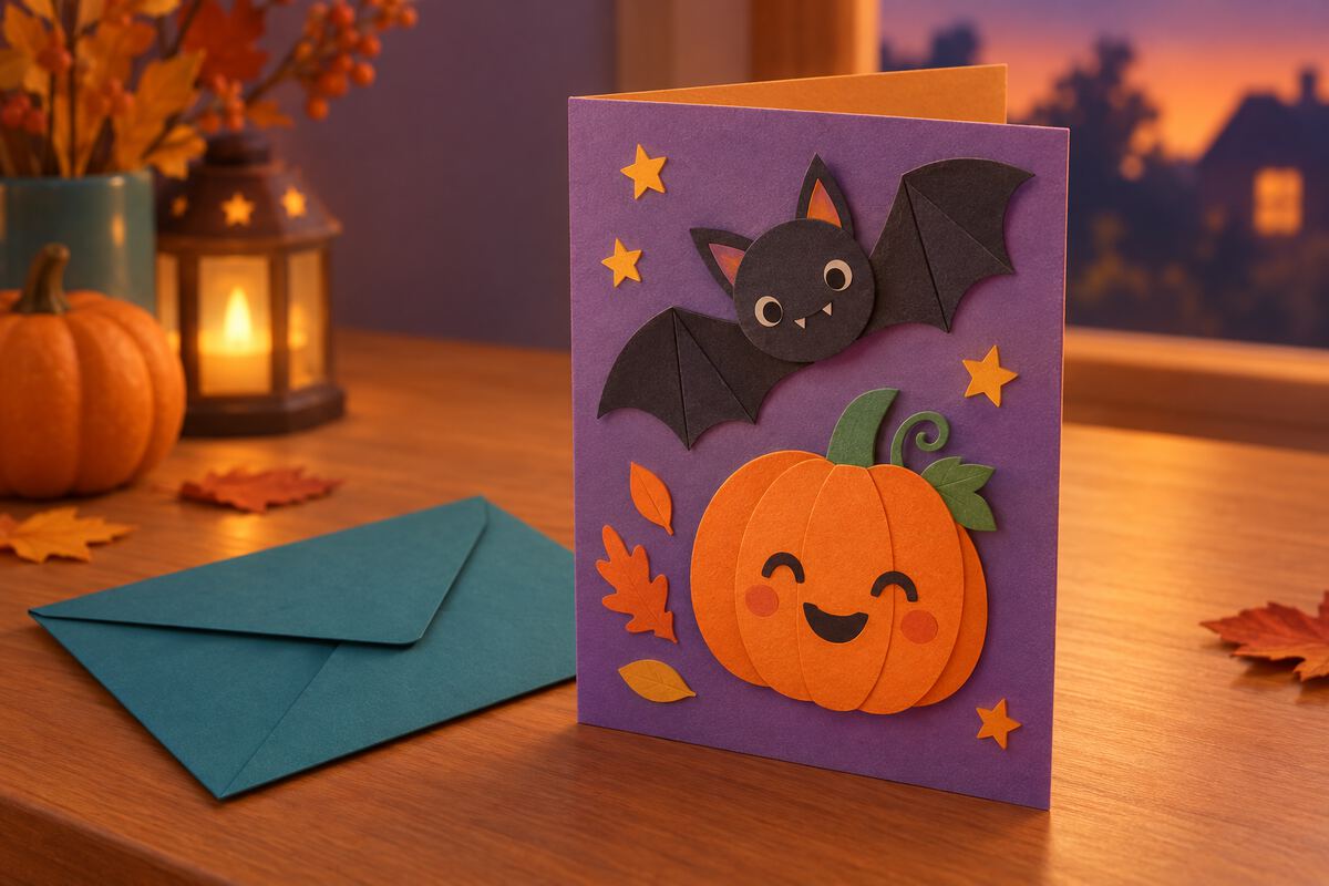 A handmade Halloween card with a paper bat and a pumpkin