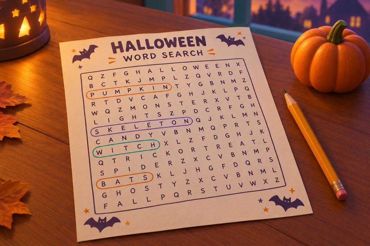 A printed Halloween word search with a pencil