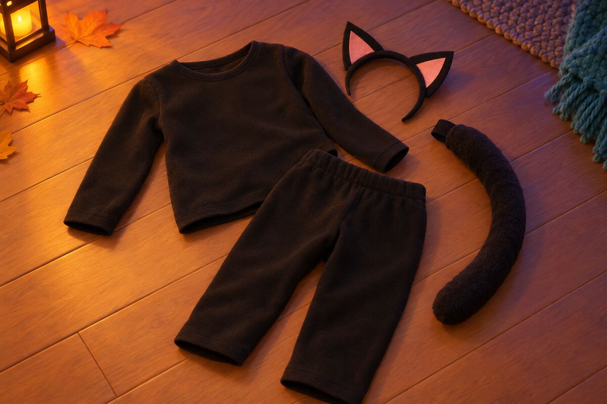 Black clothes, a headband with paper cat ears, and a sock tail laid on a floor