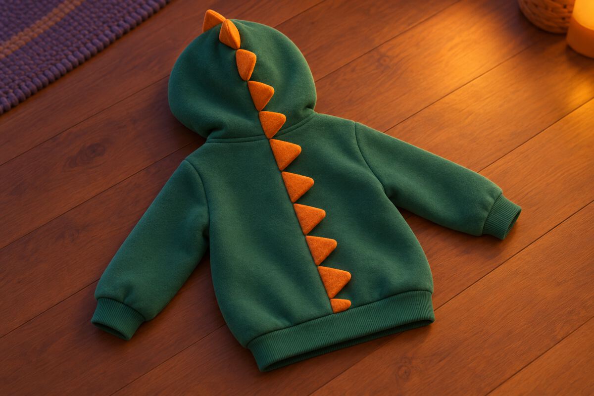 A green hoodie with orange felt spikes down the hood and back