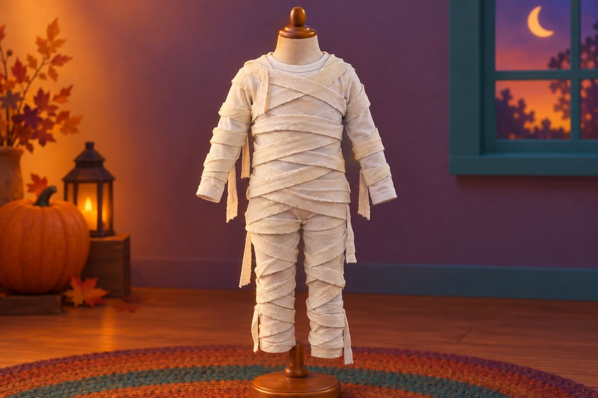 Strips of white fabric wrapped over a white top on a child-size dress form