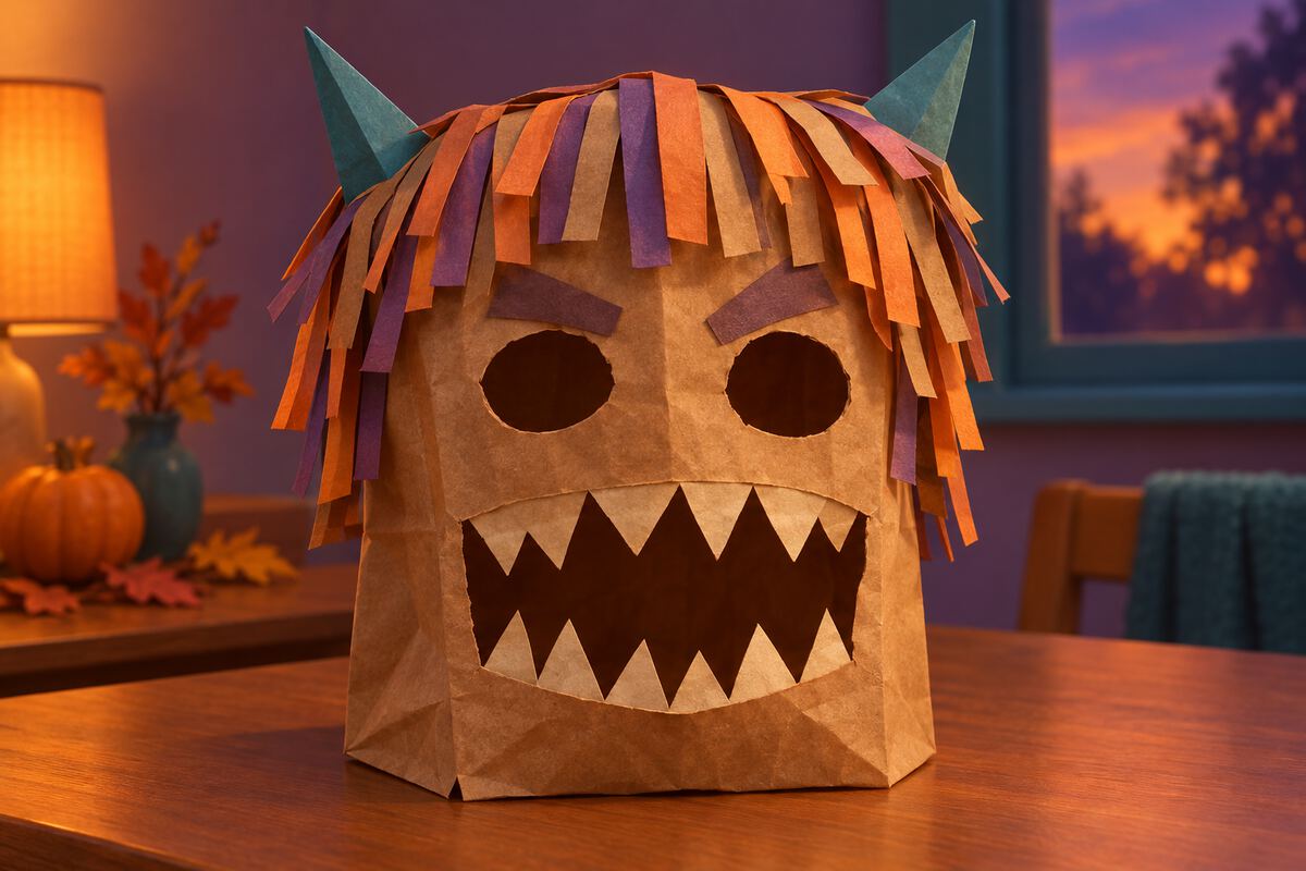A paper grocery bag made into a monster head with fringe hair and paper teeth