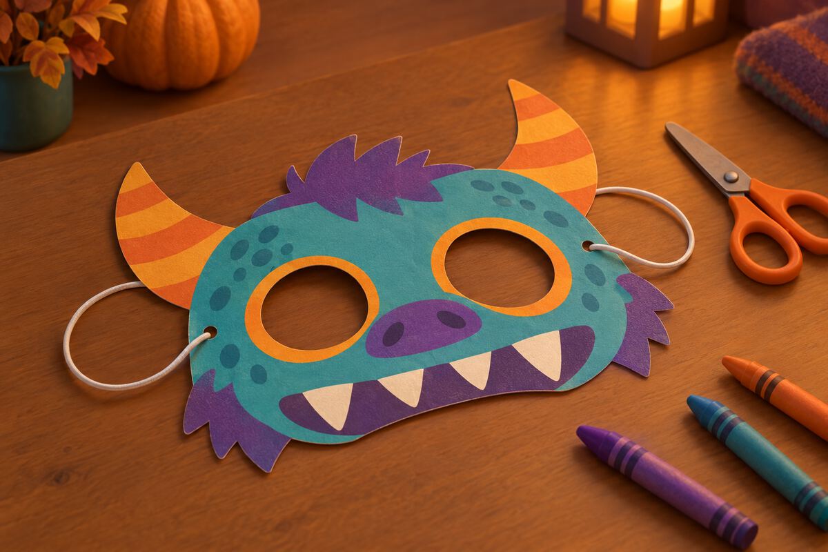 A printed paper monster mask with eye holes
