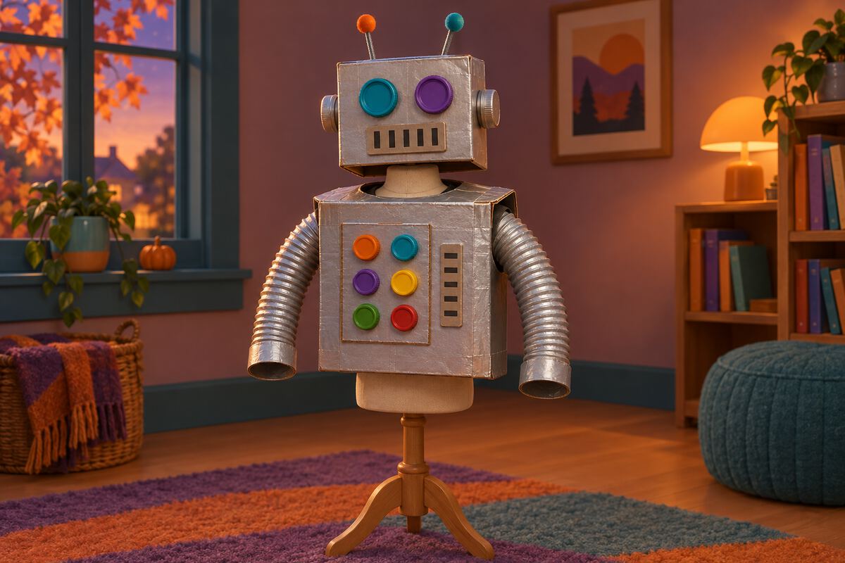 A homemade cardboard robot costume