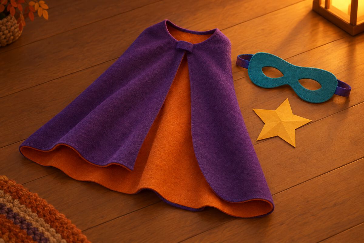 A felt cape, a felt eye mask, and a paper star emblem laid on a floor
