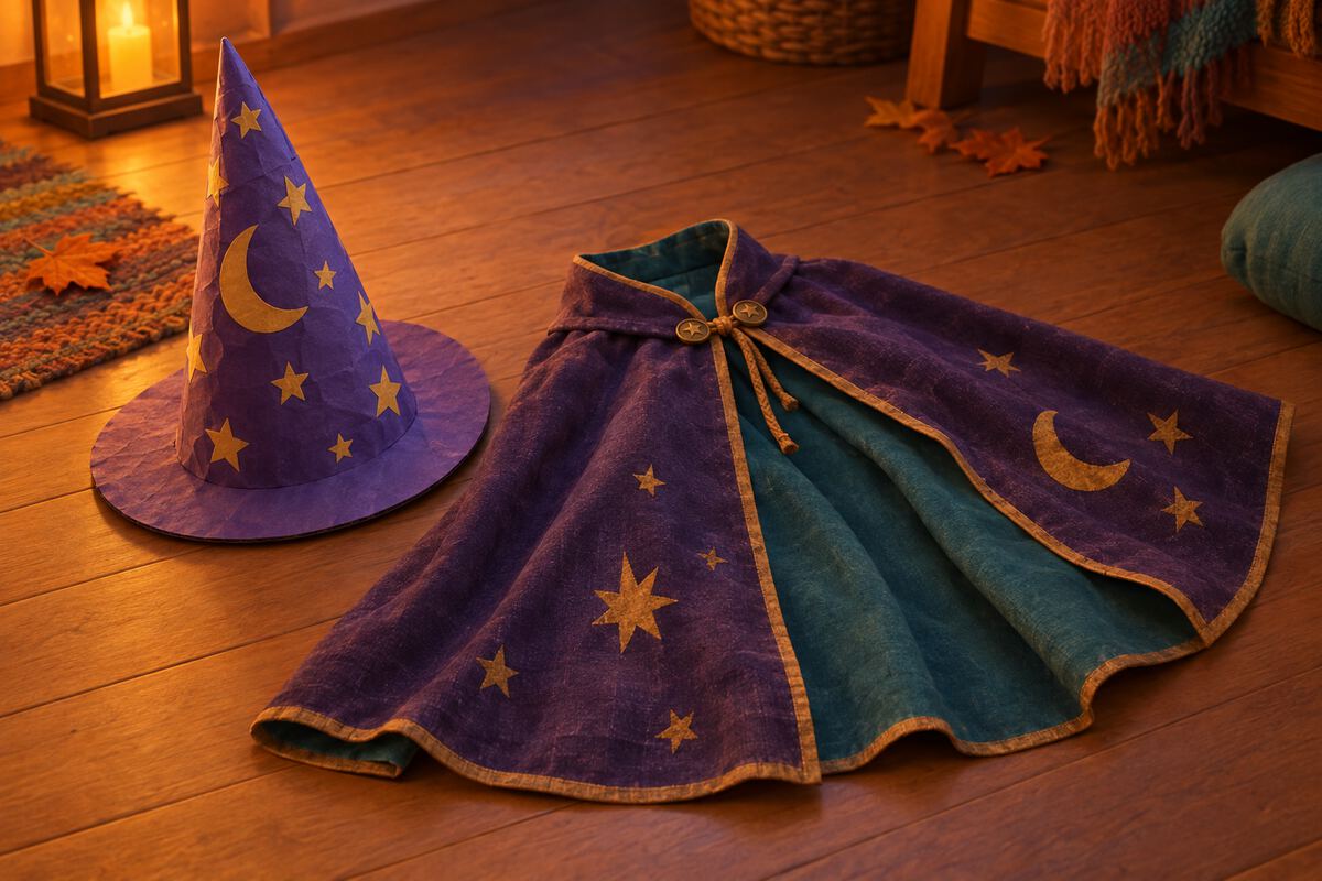 A tall purple paper cone hat with stars and a fabric cape laid on a floor