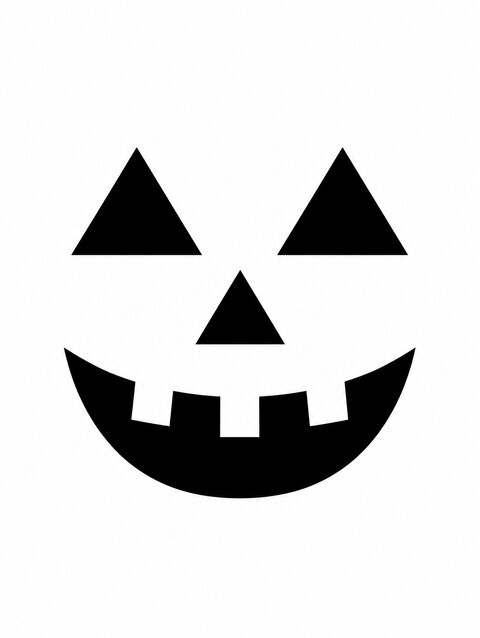 A stencil of a happy jack-o'-lantern face in black on white