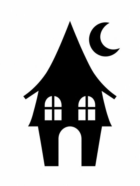 A stencil of a haunted house under a crescent moon