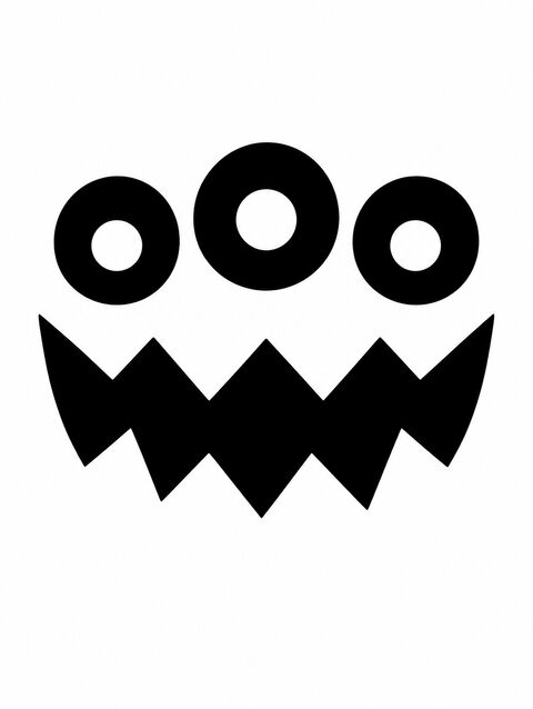 A stencil of a three-eyed monster face with a zigzag mouth