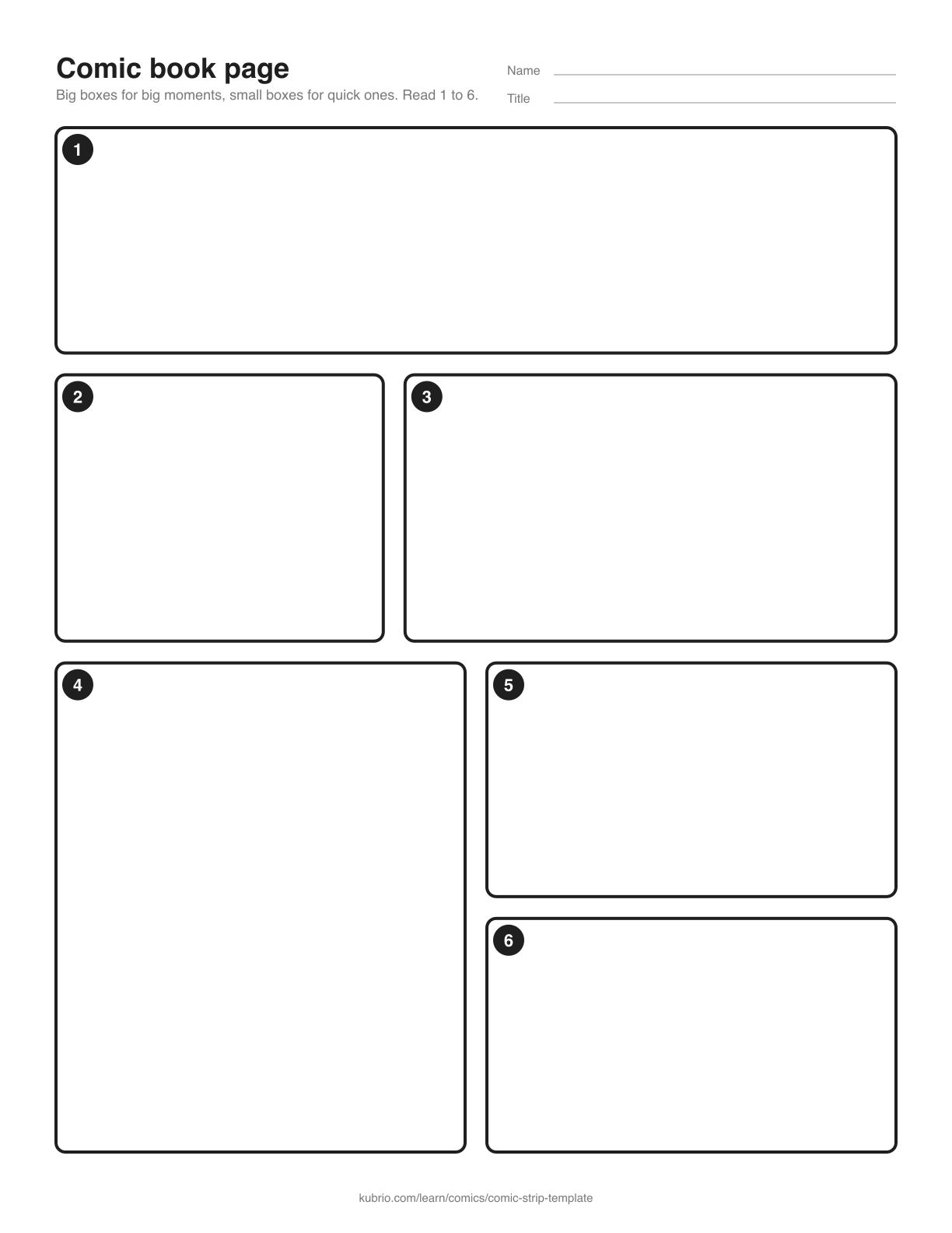 A blank portrait page with six numbered comic panels in mixed sizes: one wide, two side by side, one tall, and two stacked.